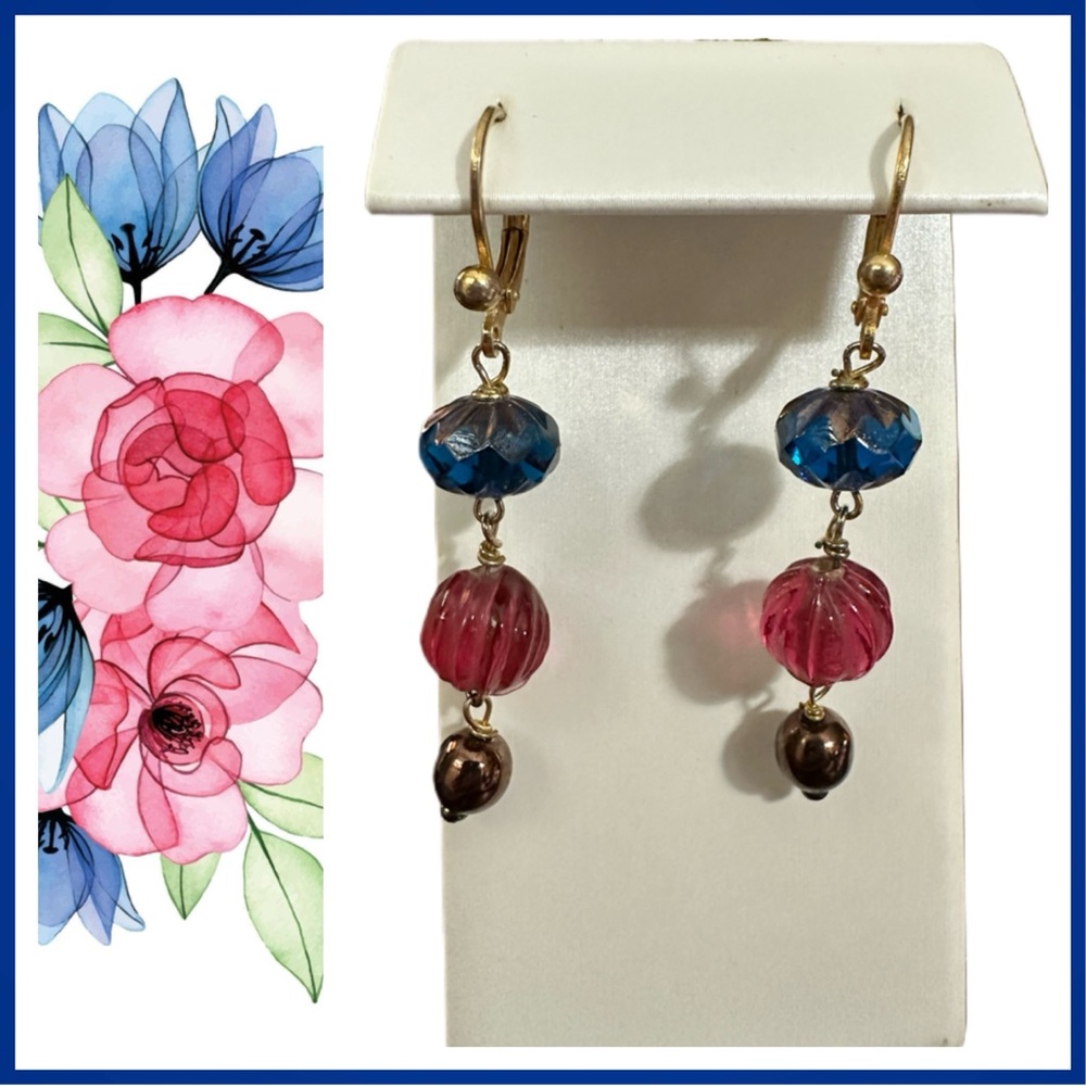 Blue and Pink Faceted Crystals. Gold tone. Lever Back Earrings.
